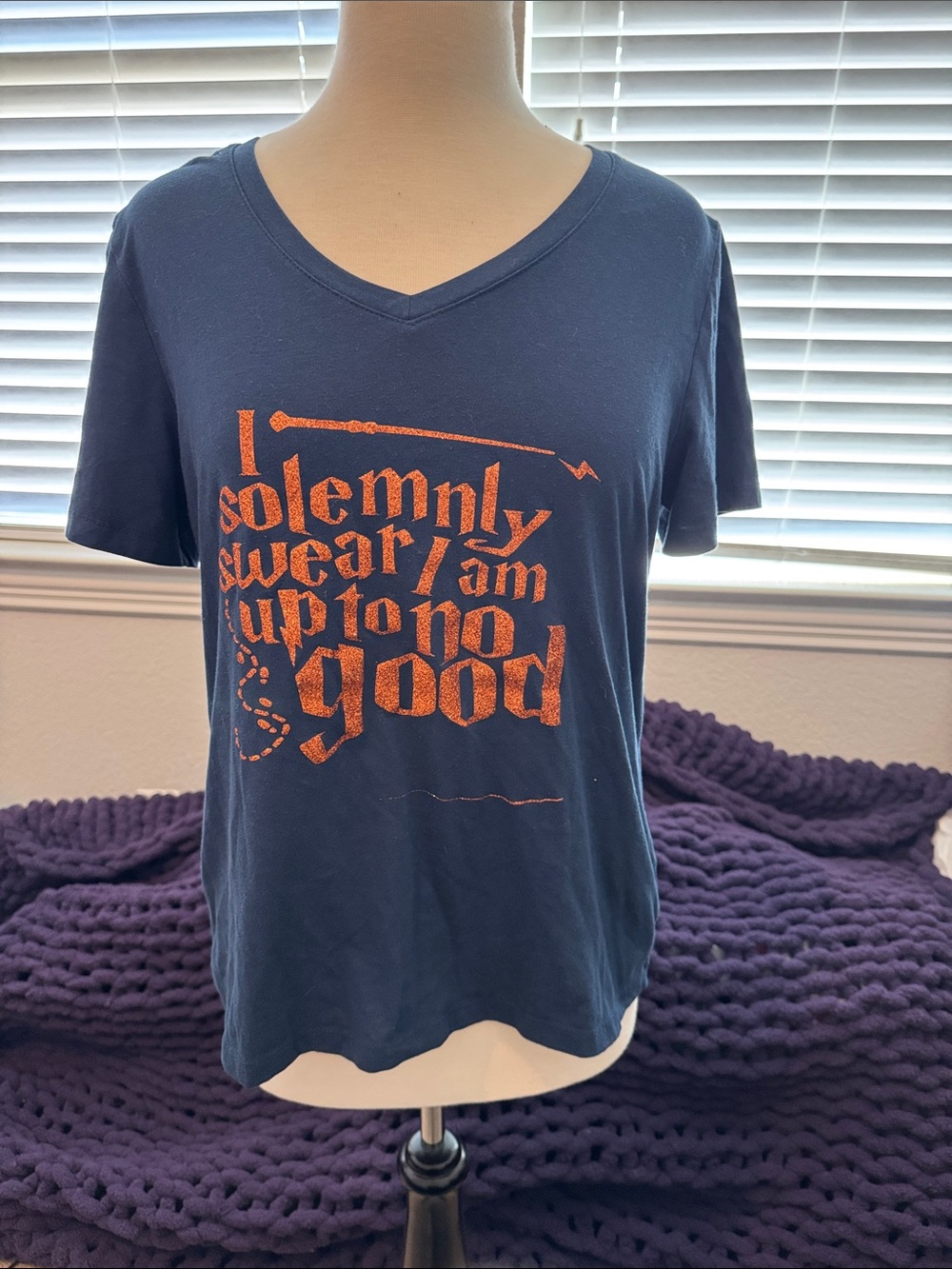 Harry Potter Solemnly Swear Women’s Navy V-Neck Graphic Tee with Orange Text